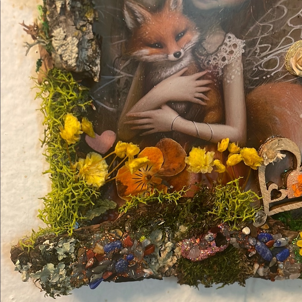 Whimsical Fox Art with Floral Accents handcrafted border moss/flowers fairy - Picture 2 of 12